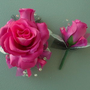 Ombre Deep Fuchsia to Hot Pink Faux Rose Prom Corsage & Boutonnière Set