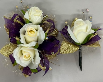 Ivory Rose Plum Gold Corsage & Boutonnière Set | Prom Wedding Formal Anniversaries