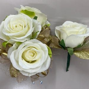 Corsage and Boutonniere Set | Ivory Roses Gold Prom Wedding Formals Homecoming