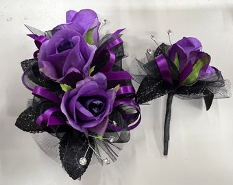 Purple Rose Black Corsage & Boutonnière Set