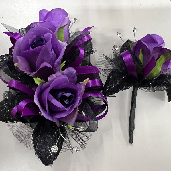 Purple Rose Black Corsage & Boutonnière Set