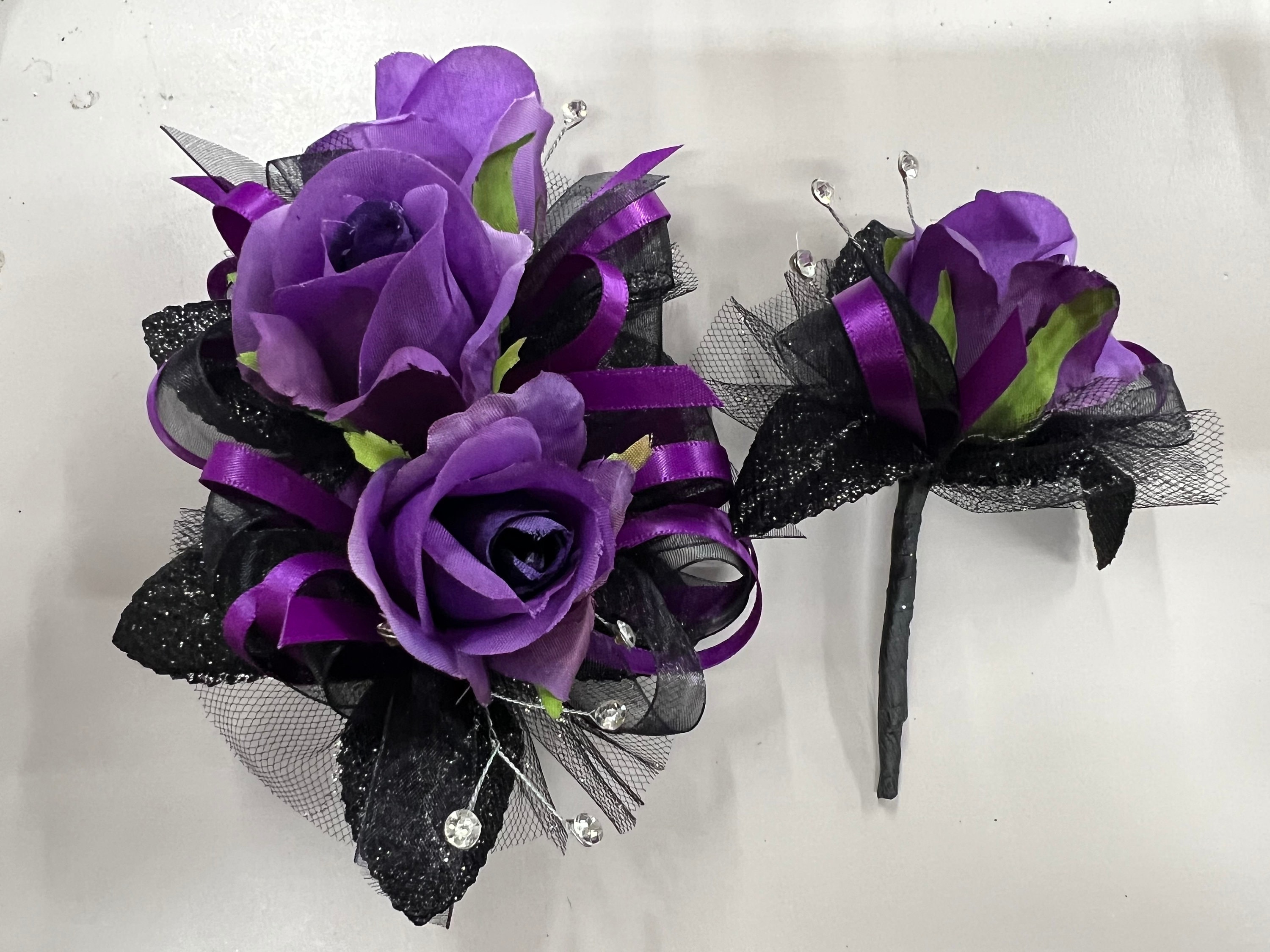 Prom Corsage and Boutonniere Set - Purple Roses With Purple and