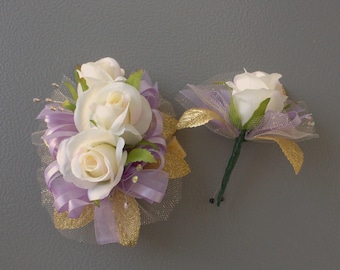 Ivory Rose Lavender Gold Corsage & Boutonnière Set