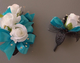 White Rose Turquoise Ribbon | Prom Corsage & Boutonnière Set