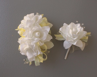 White Gardenia Yellow Rose Ribbon | Prom Corsage & Boutonnière Set