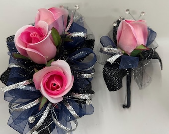 Prom Corsage and Boutonniere Set | Pink Rose Navy Blue and Silver Accents, Faux Flowers, Keepsake
