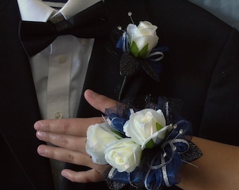 Prom Corsage and Boutonniere Set – Ivory Rose with Navy & Black Accents | Faux Flower Keepsake, Rhinestone Wristlet