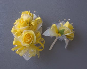 Corsages & Boutonniere Set | Yellow Rose Yellow Ribbon  Wedding Prom Anniversary Formal