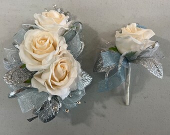 Iviory Rose Aqua Satin Corsage & Boutonnière Set