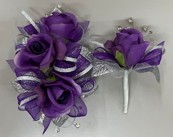 Purple Rose Silver Corsage & Boutonnière Set
