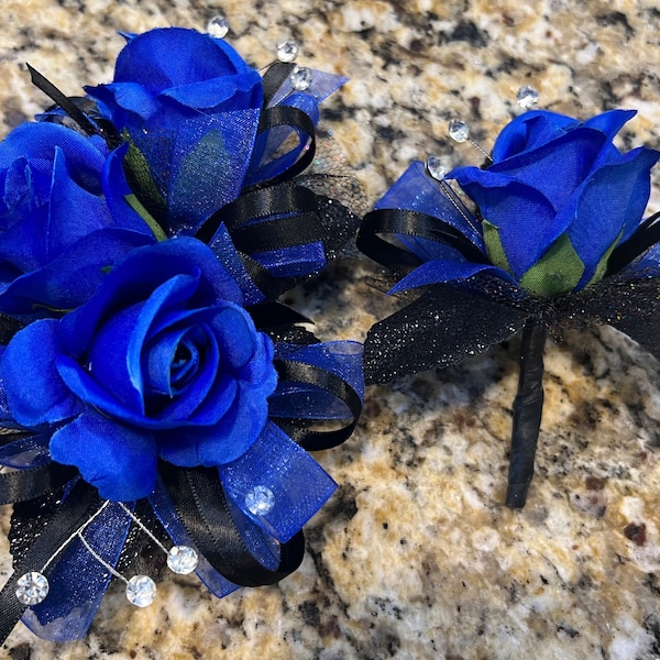 Royal Blue Rose Corsage & Boutonnière Set