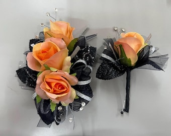 Peach Coral Rose Ribbon | Prom Corsage & Boutonnière Set