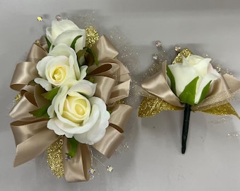 Ivory Rose Champagne Gold Prom Corsage and Boutonniere Set | wedding formals homecoming