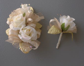 Corsage and Boutonniere Set | Ivory Rose Prom Wedding Formals Homecoming