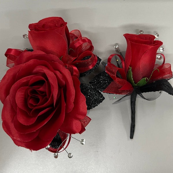 Red Rose Black Corsage & Boutonnière Set
