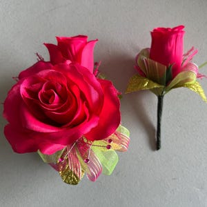 Hot Pink Faux Rose Lime Prom Corsage & Boutonnière Set