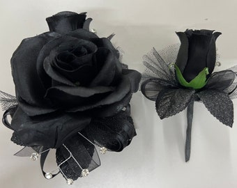 Black Rose All Black Corsage & Boutonnière Set