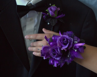 Prom Corsage and Boutonniere Set - Purple Roses with Purple and Black Accents | Faux Flowers, Keepsake