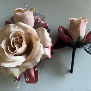 Mocha Rose Copper Corsage & Boutonniere Set with Rhinestone Wristband | Wedding Prom Anniversary
