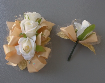 Ivory Rose Gold Corsage and Boutonniere Set | Prom Wedding Formals Homecoming