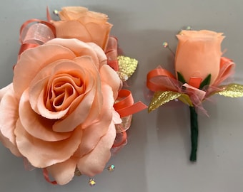 Peach Rose Corsage and Boutonniere Set (artificial flowers)