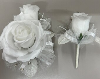 All White Rose Corsage & Boutonnière Set