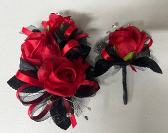 Red Rose Black Corsage & Boutonnière Set