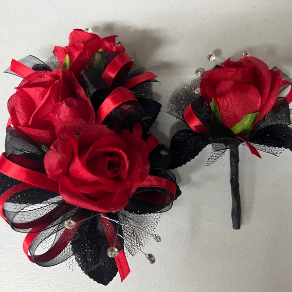 Red Rose Black Corsage & Boutonnière Set