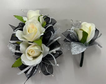 Ivory Rose Black Silver Corsage and Boutonniere Set Prom Formal Wedding Anniversary Quince