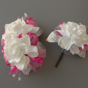 White Gardenia Hot Pink Trim | Prom Corsage & Boutonnière  Set