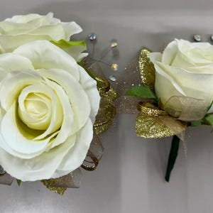 Corsage and Boutonniere Set | Ivory Roses Gold Prom Wedding Formals Homecoming