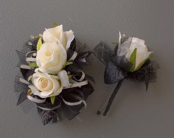 Ivory Rose Black Silver Corsage and Boutonniere Set Prom Formal Wedding Anniversary Quince