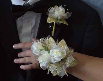 Ivory Rose Champagne Gold Prom Corsage and Boutonniere Set | wedding formals homecoming