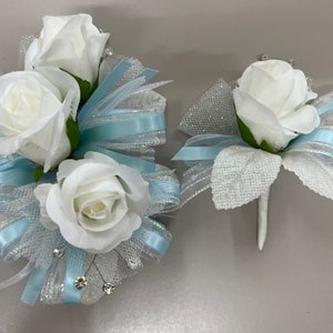 White Rose Light Blue Corsage & Boutonnière Set