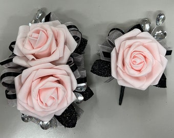 Pale Pink Rose Black Corsage & Boutonnière Set (artificial flowers)