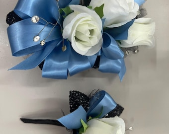 Corsage & Boutonnière Set | White Rose Light Blue Ribbon Prom Wedding Homecoming Formals