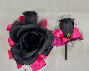 Black Rose Shocking Pink Trim Corsage & Boutonniere Set | Wedding Prom Anniversary