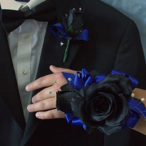 Prom Corsage and Boutonniere Set – Black Rose & Royal Blue Accents | Faux Flower Keepsake, Rhinestone Wristlet