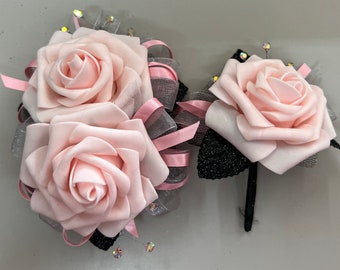 Pink Rose Corsage and Boutonniere Set (artificial flowers)