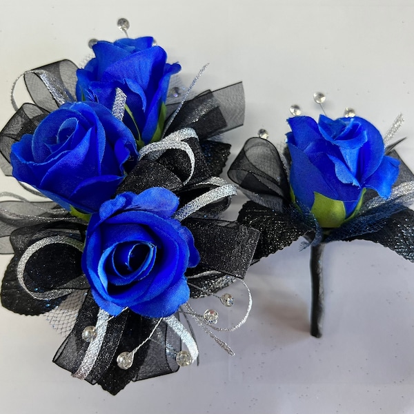 Royal Blue Rose Black Silver Corsage & Boutonnière Set