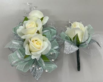 Ivory Rose Mint Ribbon Corsage & Boutonnière Set | Prom Wedding Formal Homecoming