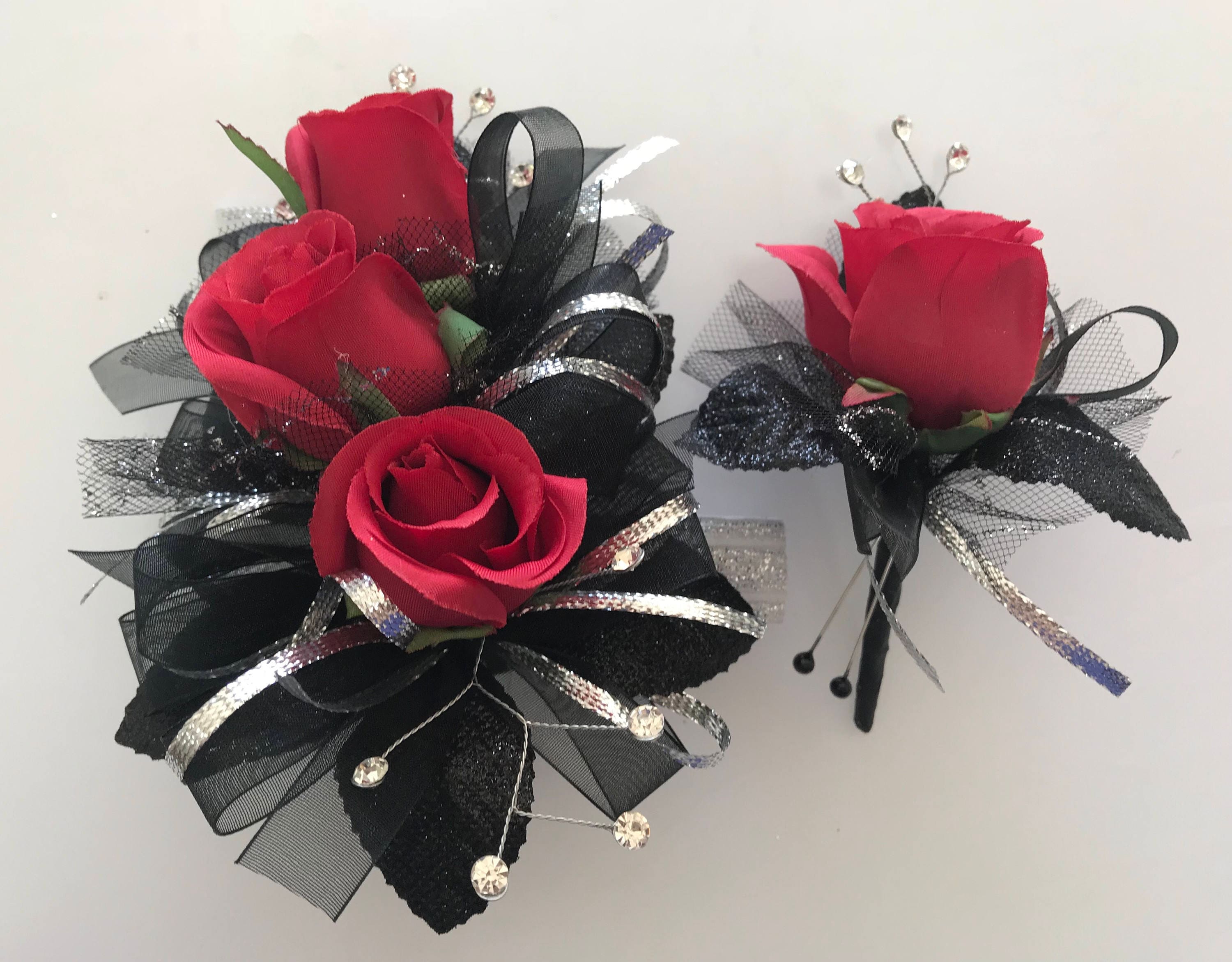 Red Silver Prom Silk Corsage Set Artificial Flowers Etsy