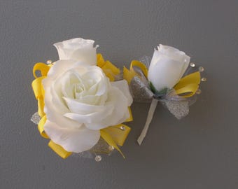 White Rose Yellow Corsage & Boutonnière Set