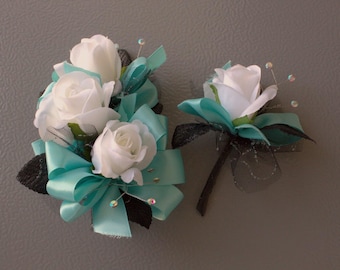 White Rose Aqua Ribbon | Prom Corsage & Boutonnière Set