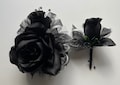 Black Rose Silver Corsage & Boutonnière Set | Prom Wedding Quinceañera Anniversary
