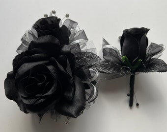 Black Rose Silver Corsage & Boutonnière with Rhinestone Wristband Prom Wedding