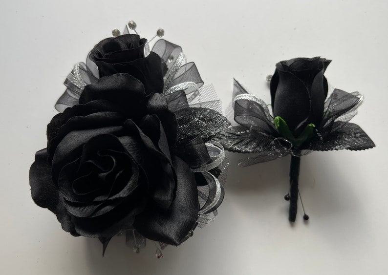 Black Rose Silver Corsages & Boutonnières Prom Wedding Quinceañera Anniversary image 1