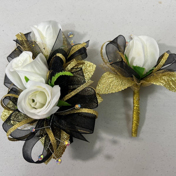 Ivory Rose Black Gold Corsage and Boutonniere Set (artificial flowers)