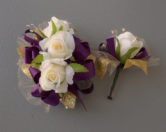 Plum Purple Rose Corsage & Boutonnière Set | Prom Wedding Homecoming