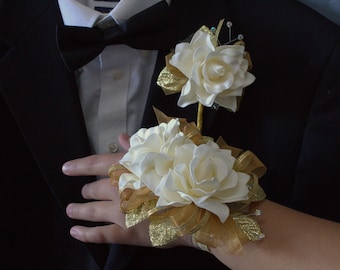 Prom Corsage and Boutonniere Set | Ivory Gardenias Gold Accents Faux Flowers Wedding Anniversary